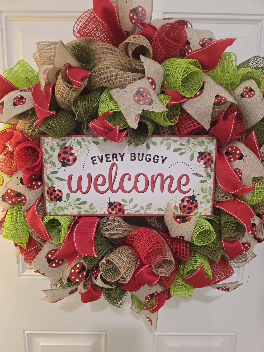 Welcome Ladybug Holiday Wreath - Red, Green & Natural